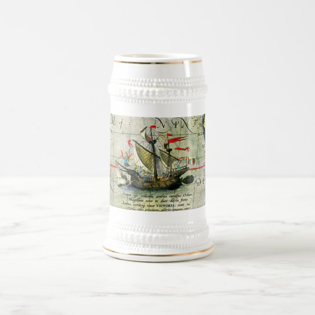 Magellans ship Victoria, Antique Map Pacific Ocean Beer Stein (Center)
