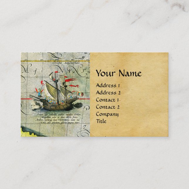 Magellans ship Victoria, Antique Map Pacific Ocean Business Card (Front)