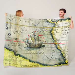 Magellans ship Victoria, Antique Map Pacific Ocean Fleece Blanket