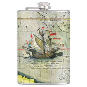 Magellans ship Victoria, Antique Map Pacific Ocean Hip Flask