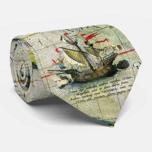 Magellans ship Victoria, Antique Map Pacific Ocean Tie