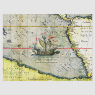 Magellans ship Victoria, Antique Map Pacific Ocean Tissue Paper