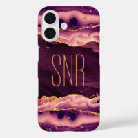 Magenta Agate Geode Monogram Name Gold Glitter