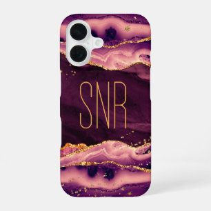 Magenta Agate Geode Monogram Name Gold Glitter iPhone 16 Case