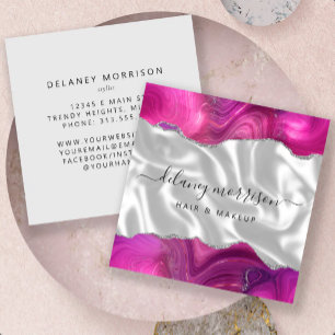 Magenta Agate Silver Glitter White Luxury Square Business Card