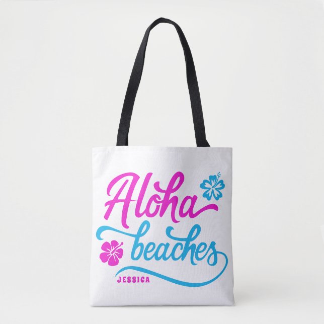 Magenta Aloha Beaches Summer Pun Personalized Tote Bag (Front)