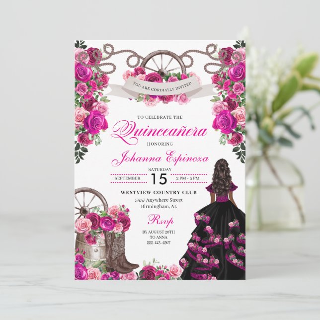 Magenta and Black Cowgirl Western Quinceanera Invitation (Standing Front)