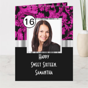 Magenta and black damask sweet sixteen card