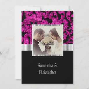 Magenta and black gothic wedding photo invitation