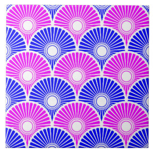 Magenta and Blue Chinese Semi Circle Wave Pattern Tile