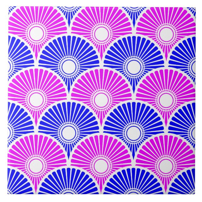 Magenta and Blue Chinese Semi Circle Wave Pattern Tile (Front)