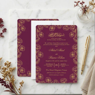Magenta and Gold Floral Islamic Muslim Wedding Invitation