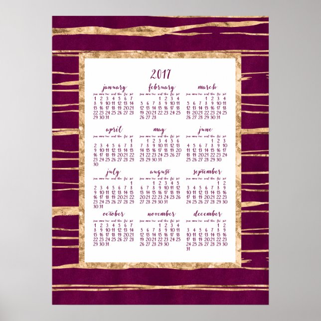 Magenta And Gold Foil Yearly 2017 Calendar Poster (Front)