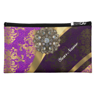 Magenta and gold vintage damask pattern makeup bag