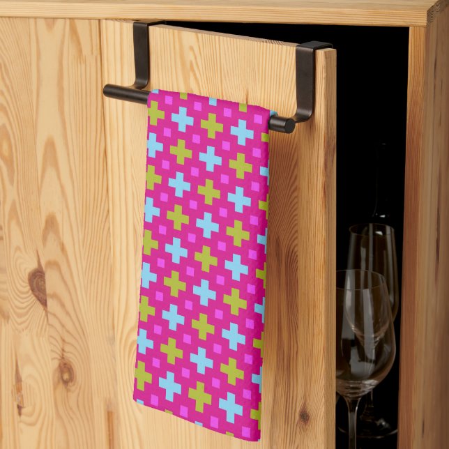 magenta and multicolours crosses kitchen towel (Thirds Fold)