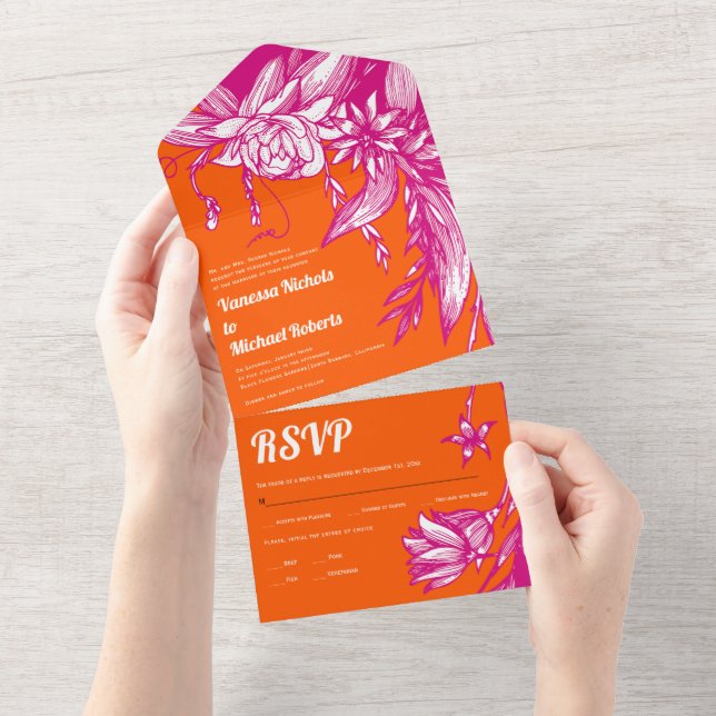 Magenta and orange line art flowers wedding all in one invitation (Tearaway)