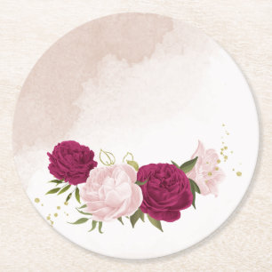 magenta and pink flowers greenery wedding round paper coaster