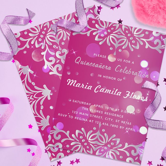 Magenta And Silver Elegant Shimmery Quinceañera Invitation (Creator Uploaded)