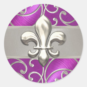 Magenta and Silver Filigree Swirls Fleur de Lis Classic Round Sticker