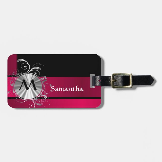 Magenta and silver monogram luggage tag (Front Horizontal)