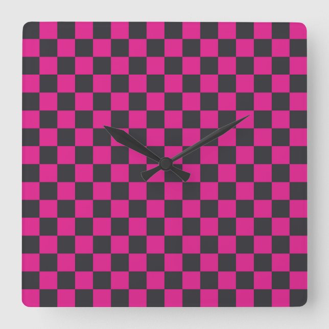 Magenta and smoke checkerboard pattern square wall clock (Front)