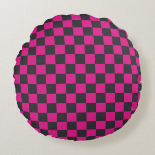 Magenta and smoke chequerboard pattern round pillow