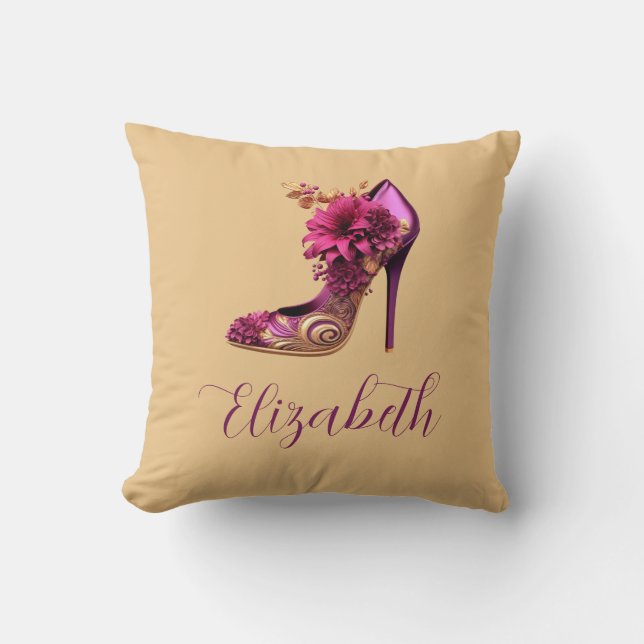 Magenta and Tan High Heel Throw Pillow (Front)