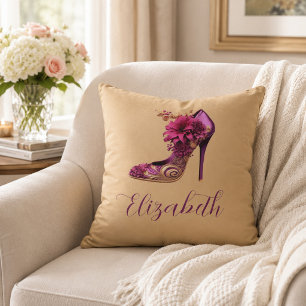 Magenta and Tan High Heel Throw Pillow