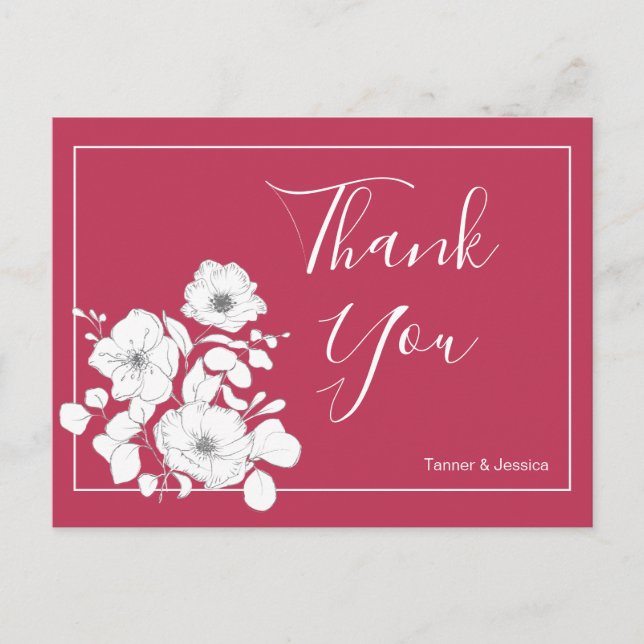 Magenta and White Floral Wedding  Thank You Postcard (Front)