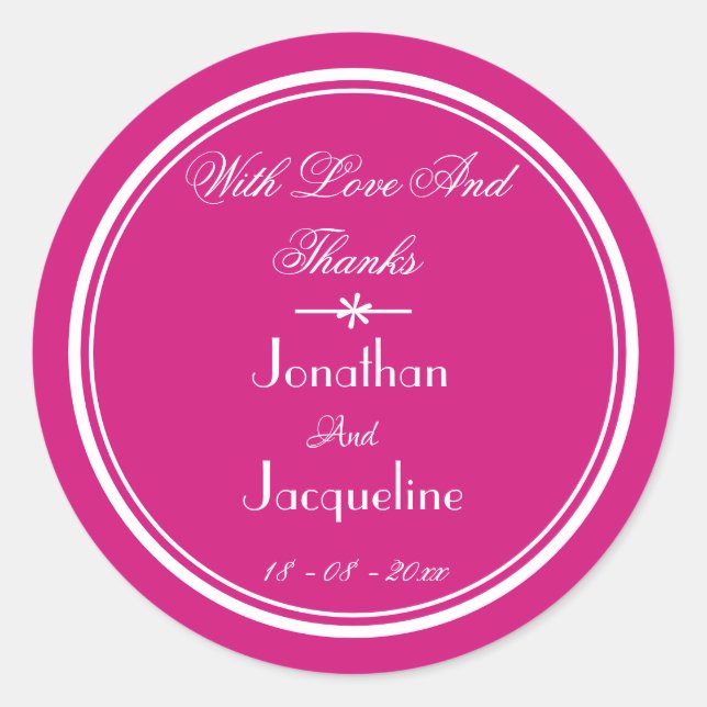 Magenta And White Thank You Wedding Favour Classic Round Sticker (Front)