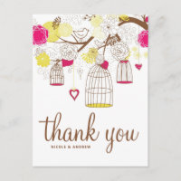 Magenta and Yellow Birdcages Thank You Postcard