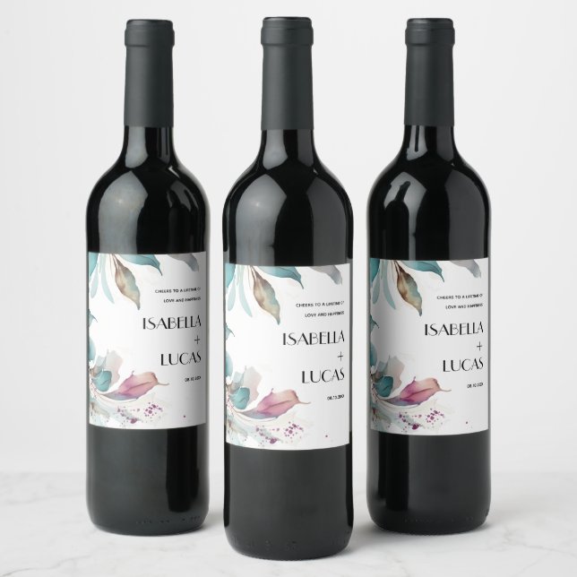 Magenta Aquamarine Watercolor Wedding Wine Label (Bottles)