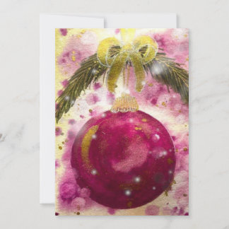 Magenta Bauble Glittery Gold Ribbon Holiday Card