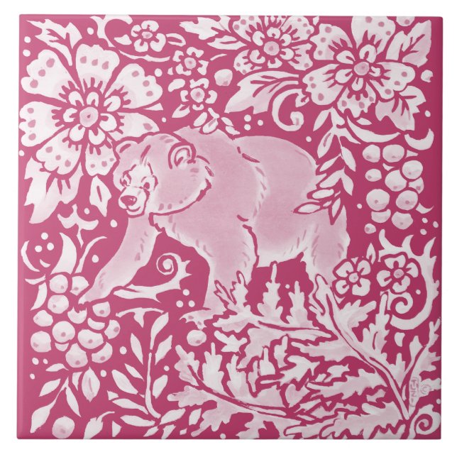 Magenta Bear Animal Nature Woodland Floral Tile (Front)