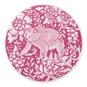 Magenta Bear Floral Forest Woodland Burgundy Ceramic Knob