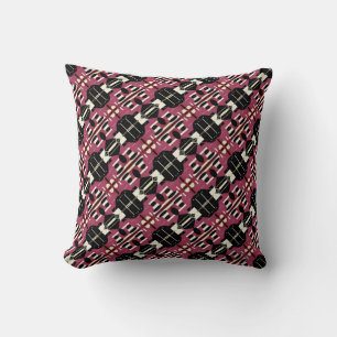 Magenta Beige Black Diagonal Mosaic Tile Rows Throw Pillow