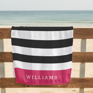 Magenta   Black & White Stripe Personalized Beach Towel