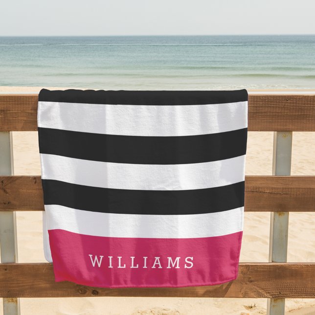 Magenta | Black & White Stripe Personalized Beach Towel (Creator Uploaded)