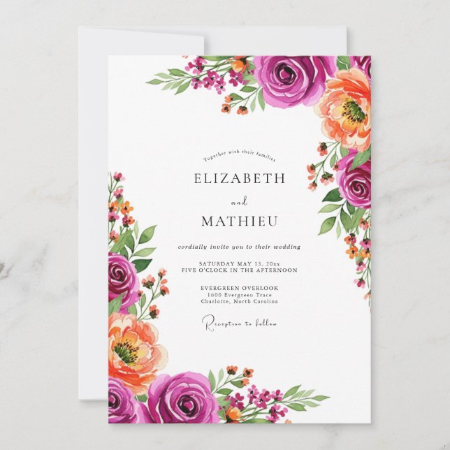 Magenta Bloom Botanical Wedding Invitation (Front)