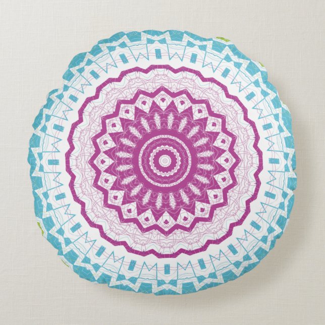 Magenta Blue and Green Mandala Pattern Round Pillow (Front)