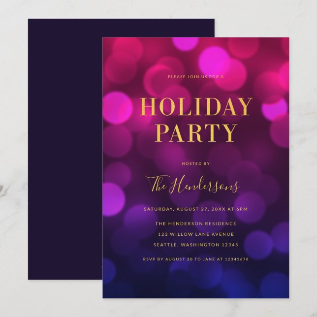 Magenta Blue Bokeh Lights Faux Gold Holiday Party Invitation (Front/Back)