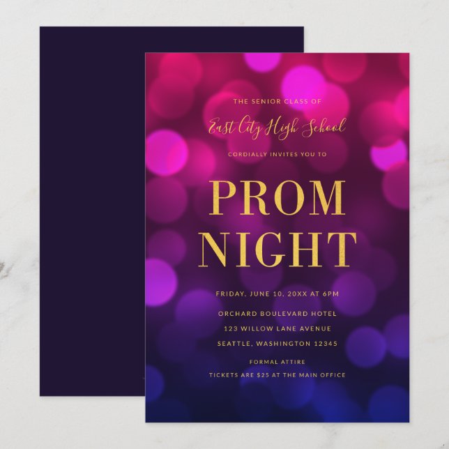 Magenta Blue Bokeh Lights Gold High School Prom Invitation (Front/Back)