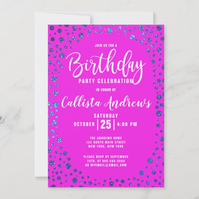 Magenta Blue Glitter Confetti Border Birthday Invitation (Front)