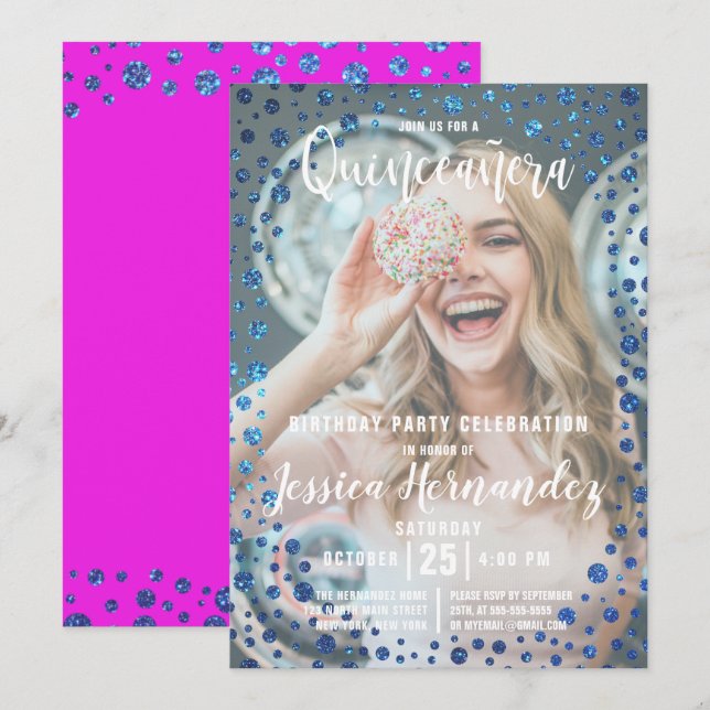 Magenta Blue Glitter Confetti Photo Quinceañera Invitation (Front/Back)