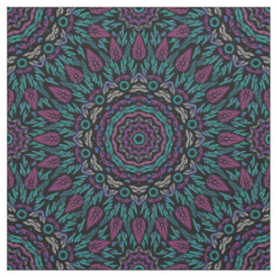 Magenta Blue Teal Gothic Stained Glass Mandala  Fabric