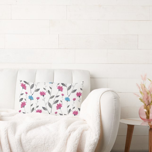 Magenta Blue Watercolor Daisy Pattern   Lumbar Pillow (Couch)