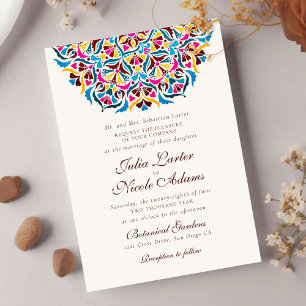 Magenta Blue Whimsical Floral Mandala Wedding Invitation