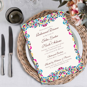 Magenta Blue Whimsical Floral Rehearsal Dinner  Invitation