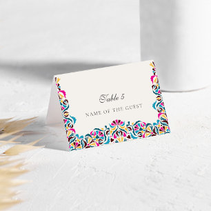 Magenta Blue Whimsical Floral Wedding Place Card