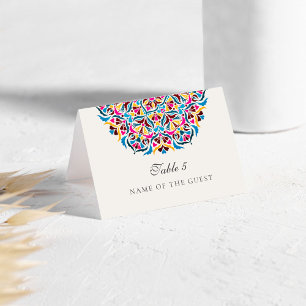 Magenta Blue Whimsical Floral Wedding Place Card